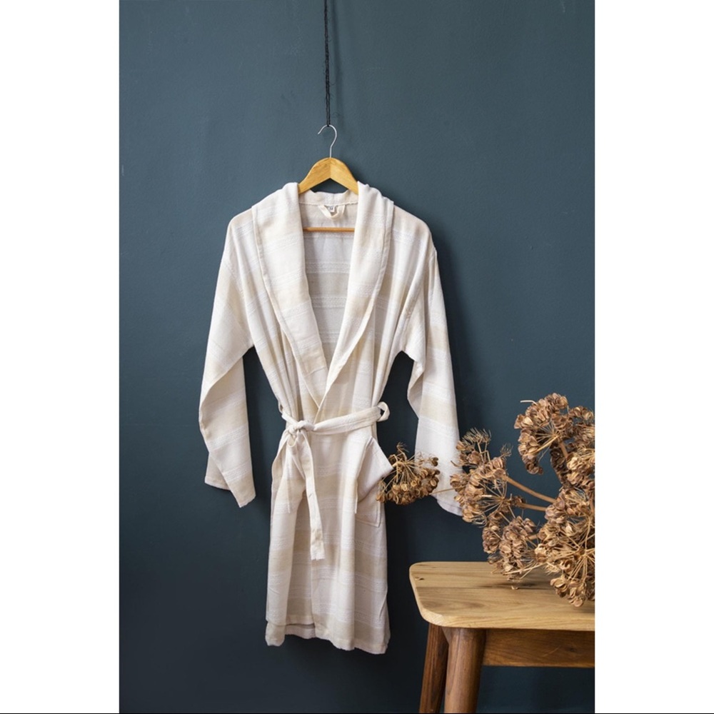 Bohemian Turkish Towel Robe Cotton Linen Beige